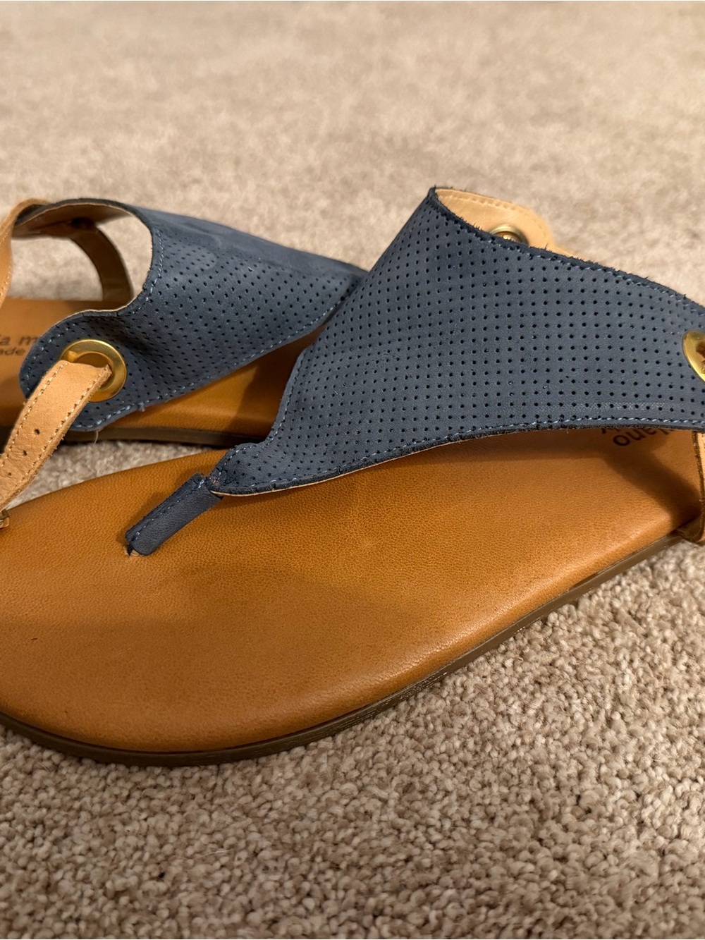 Perforated Navy Thong Sandals with Tan Footbed